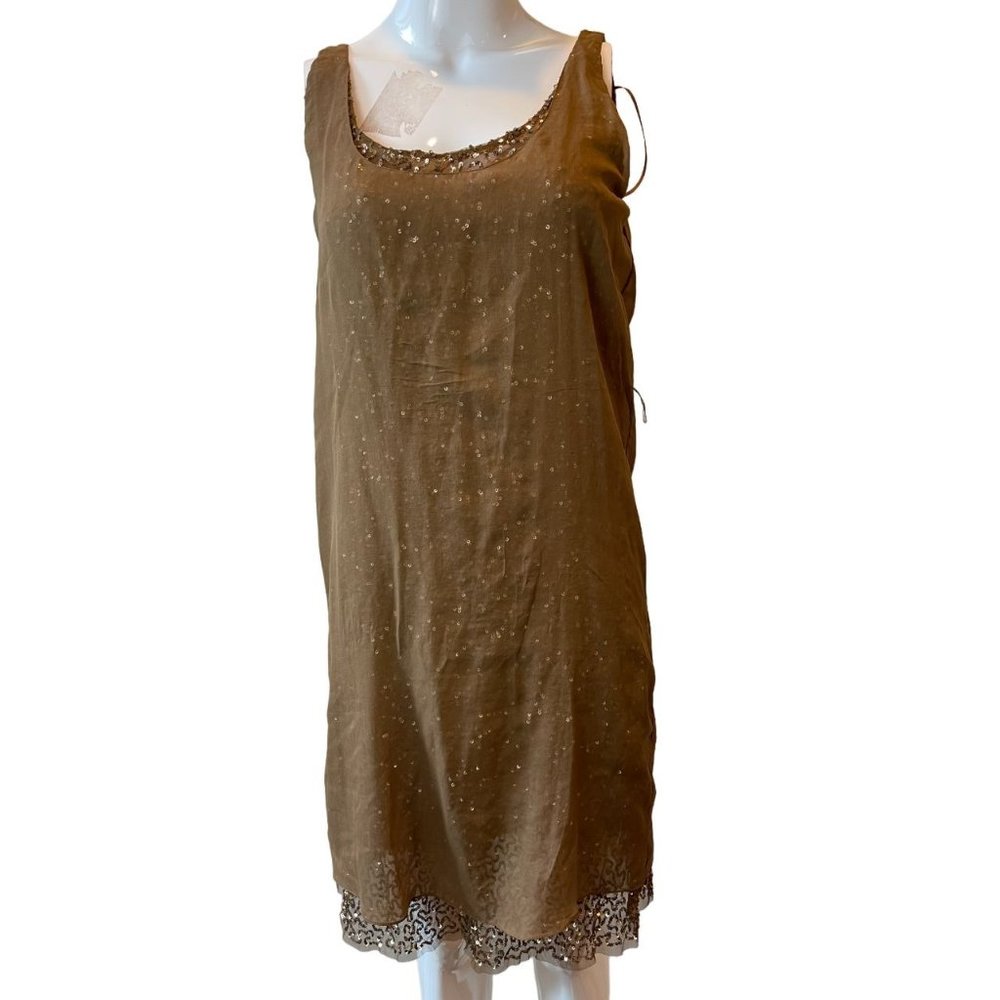 MNG Suit Womens Sequin Shift Dress Sleeveless Scoop Neck Camel Brown Size Small